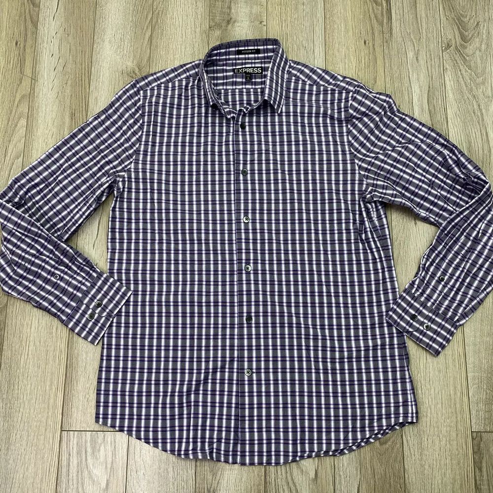 Express Mens Button Down‎ Shirt Medium Purple White Check Long Sleeve